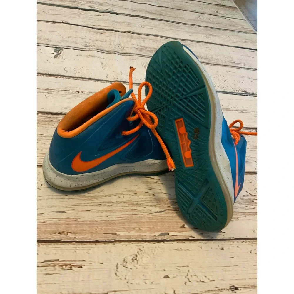 Nike LeBron X GS Blue Diamond Photo Blue‎ Orange Basketball Shoes 543564-402 7Y